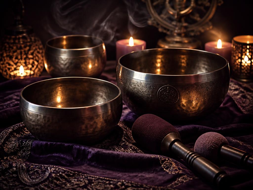 Himalayan singing bowls in candlelight