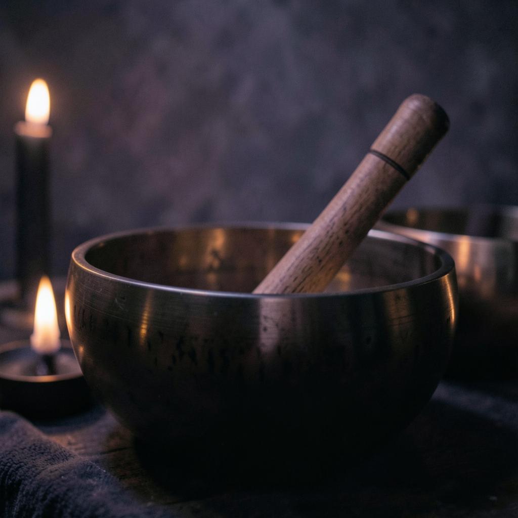 Himalayan singing bowls lit by candlelight