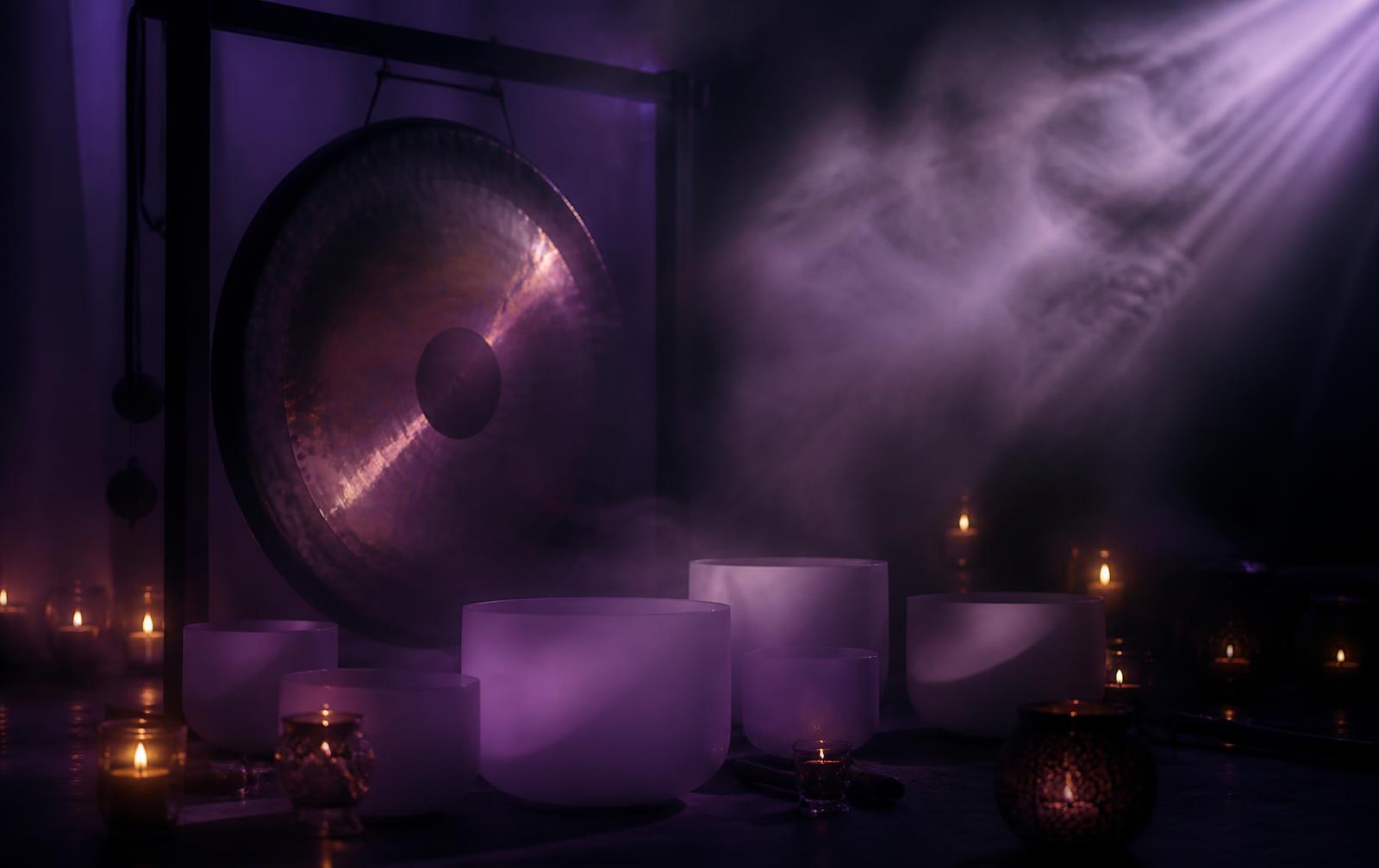 Bronze gong and crystal singing bowls glowing in candlelight